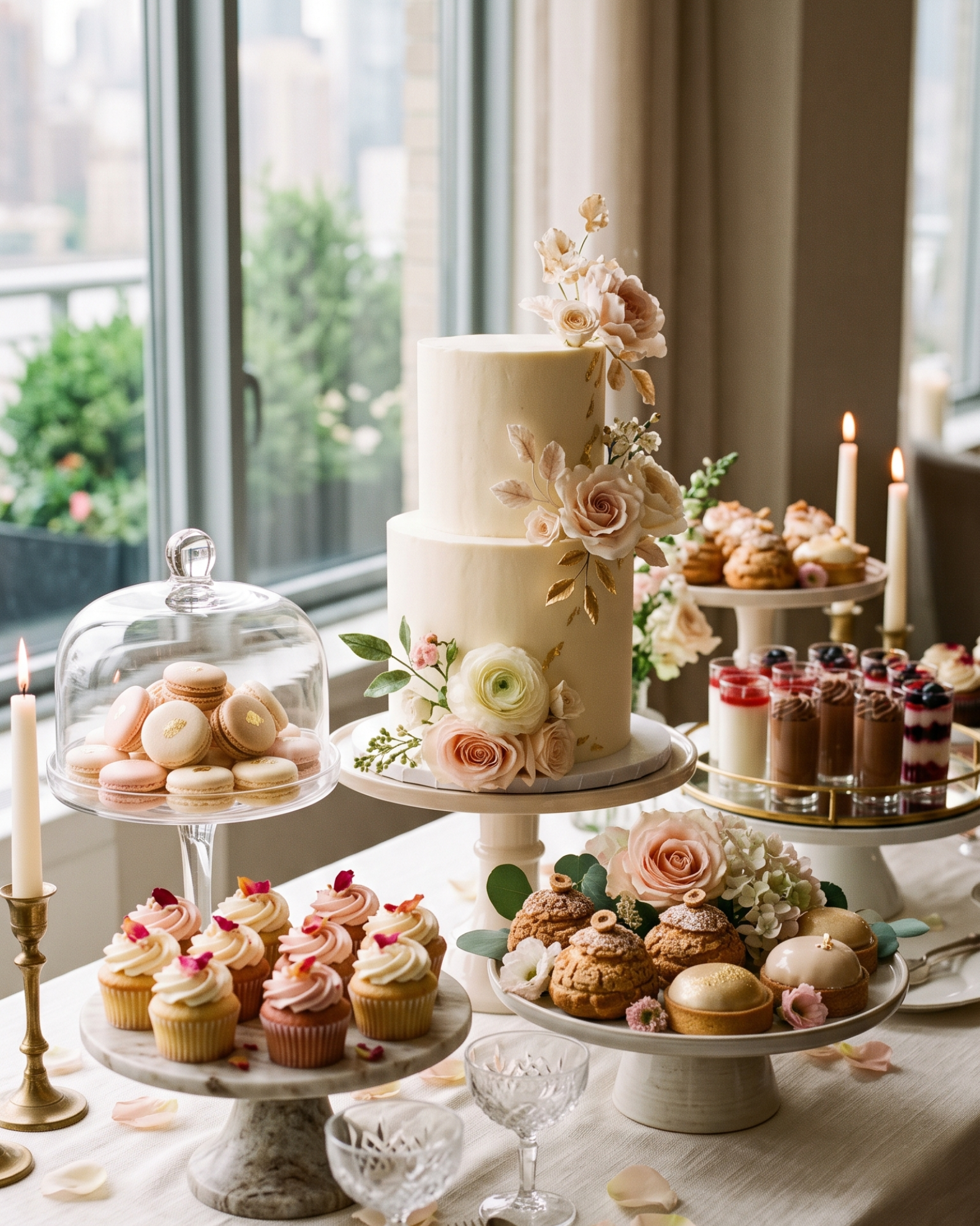 Luxury dessert table by The Redd Bakery featuring a celebration cake and handcrafted desserts.